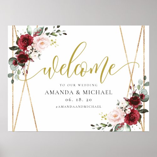 Geometric Burgundy floral  Welcome Wedding Sign