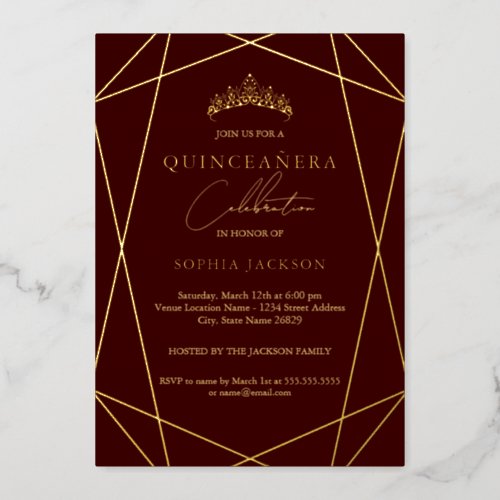 Geometric Burgundy Gold Elegant Quinceanera Foil Invitation