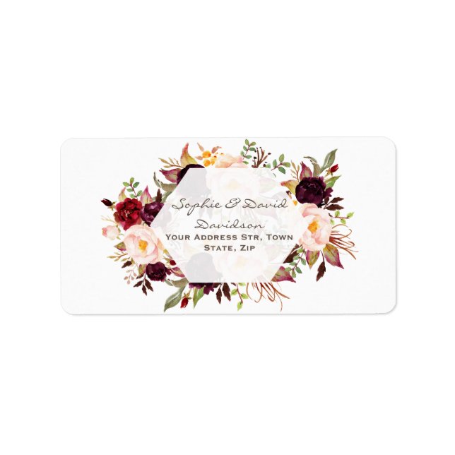 Geometric Burgundy Marsala Floral Wedding Label (Front)