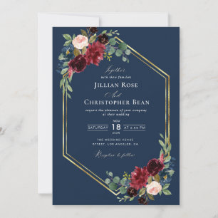geometric burgundy navy blue and gold wedding invitation