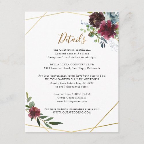 Geometric Burgundy Navy Floral Information Details Enclosure Card - Designed to coordinate with our Rustic Burgundy Navy Blooms wedding collection, this customizable Details card, features a gold geometric frame adorned with watercolor eucalyptus leaves & delicate burgundy and navy florals, paired with a trendy script font in gold and classy serif font in black. To make advanced changes, go to "Click to customize further" option under Personalize this template.