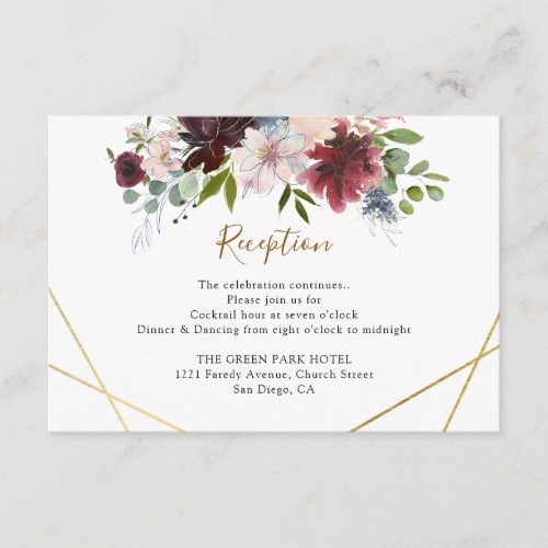 Geometric Burgundy Navy Floral Wedding Reception Enclosure Card - Designed to coordinate with our Rustic Burgundy Navy Blooms wedding collection, this customizable Reception card, features watercolor eucalyptus leaves & delicate burgundy and navy florals, paired with a trendy script font in gold and classy serif font in black. To make advanced changes, go to "Click to customize further" option under Personalize this template.