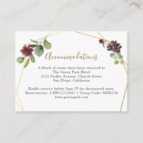 Geometric Burgundy Navy Florals Accommodations Enclosure Card - Designed to coordinate with our Rustic Burgundy Navy Blooms wedding collection, this customizable Accommodations card, features watercolor eucalyptus leaves & delicate burgundy and navy florals, paired with a trendy script font in gold and classy serif font in black. To make advanced changes, go to "Click to customize further" option under Personalize this template.