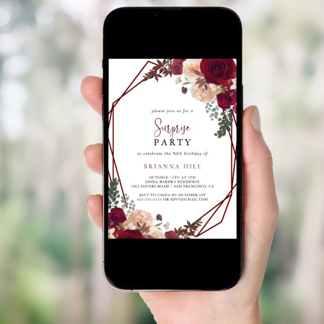Geometric Burgundy Pink Floral Surprise Party  Invitation (Front Digital)