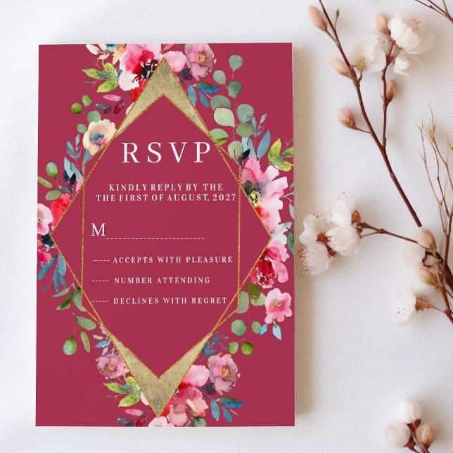 Geometric burgundy pink mint gold floral RSVP Invitation (Geometric burgundy pink mint gold floral RSVP)