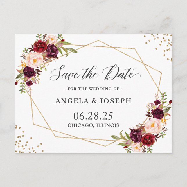 Geometric Burgundy Red Floral Save the Date Postcard (Front)