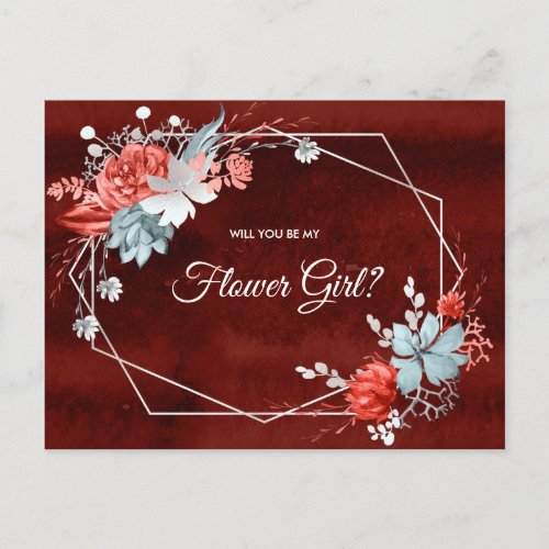 Geometric Burgundy Silver Floral Be My Flower Girl Postcard
