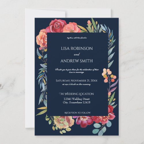 Geometric Burgundy Tropical Floral Wedding_ Navy Invitation