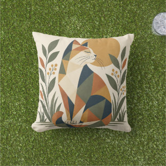 Geometric Cat Botanical Art Outdoor Pillow