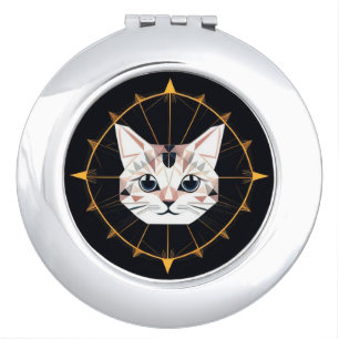Geometric Cat Design Surrounded by Gold Stars Compact Mirror