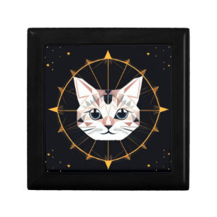 Geometric Cat Design Surrounded by Gold Stars Gift Box