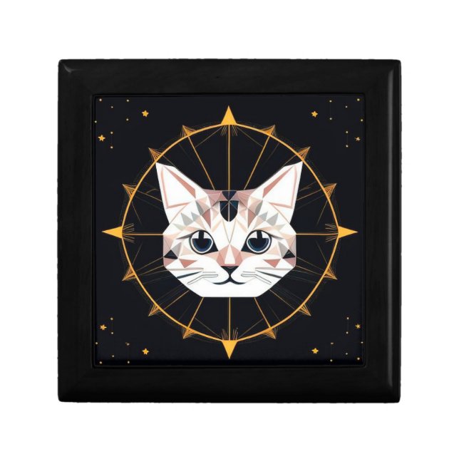 Geometric Cat Design Surrounded by Gold Stars Gift Box (Front)