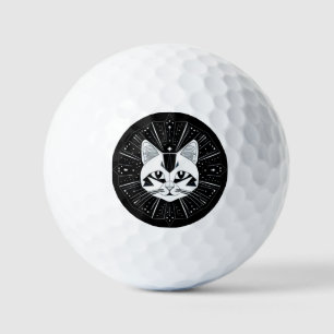 Geometric Cat Design Surrounded by Gold Stars Golf Balls