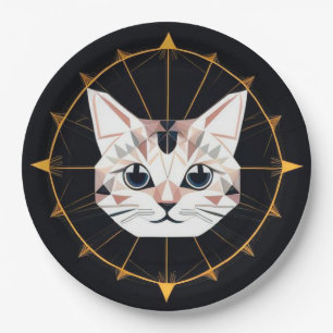 Geometric Cat Design Surrounded by Gold Stars Paper Plates