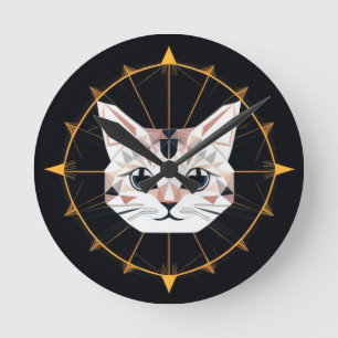 Geometric Cat Design Surrounded by Gold Stars Round Clock
