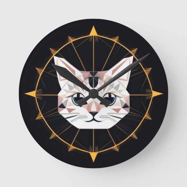 Geometric Cat Design Surrounded by Gold Stars Round Clock (Front)