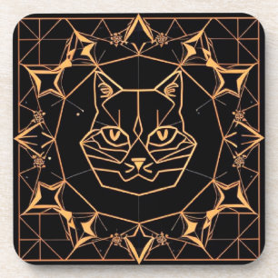 Geometric Cat Design with Gold Lines Beverage Coaster