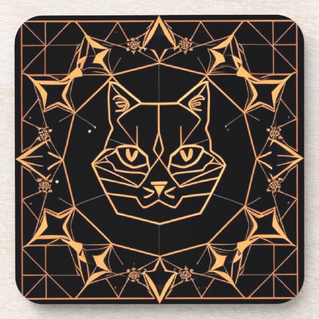Geometric Cat Design with Gold Lines Beverage Coaster (Front)