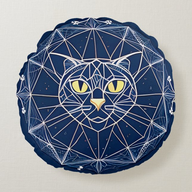 Geometric Cat Design With Symmetric Patterns Round Pillow (Front)