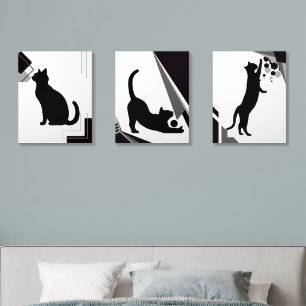 Geometric Cat Triptych - Black & White Wall Art Acrylic Photo Tile