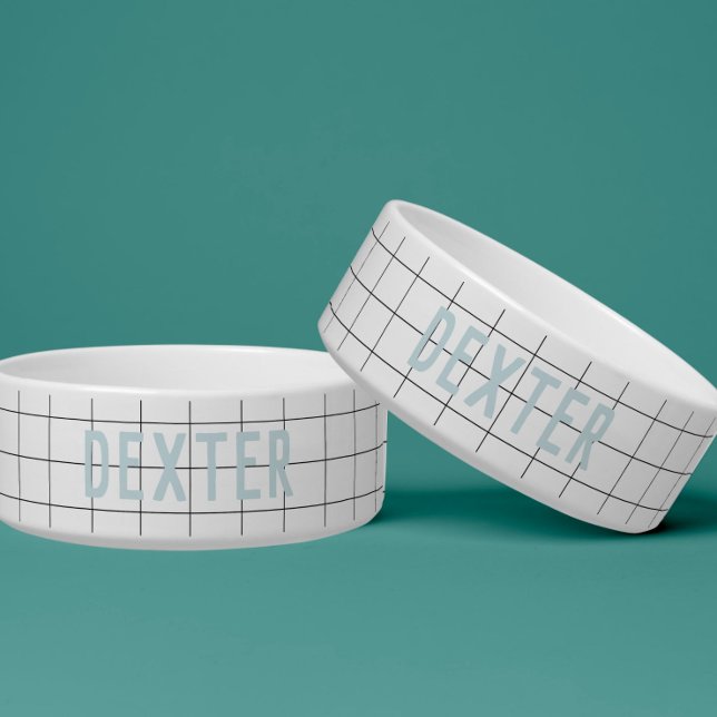 Geometric Check White Personalized Name Pet Bowl (Creator Uploaded)