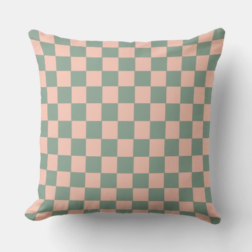 Geometric Checkerboard Pattern Sage Green Pink Throw Pillow