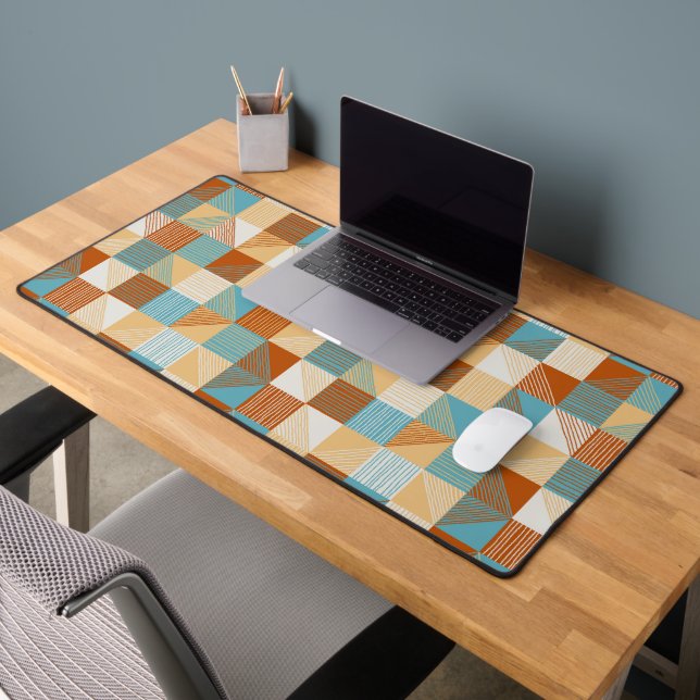 Geometric Checkerboard with Lines, Turquoise, Rust Desk Mat (Office 2)