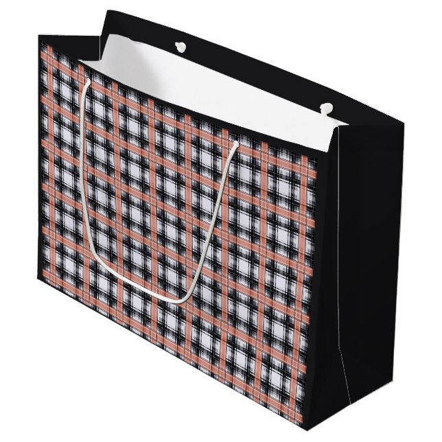 Geometric checkered pattern plaid brown large gift bag (Front Angled)
