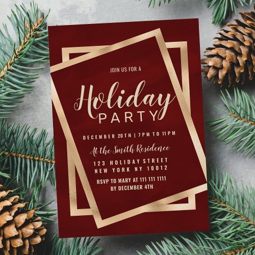 Geometric Chic Gold Burgundy Red Holiday Party Invitation Postcard