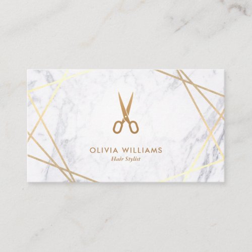 Geometric Chic Gold Scissors Marble Hair Stylist Business Card
