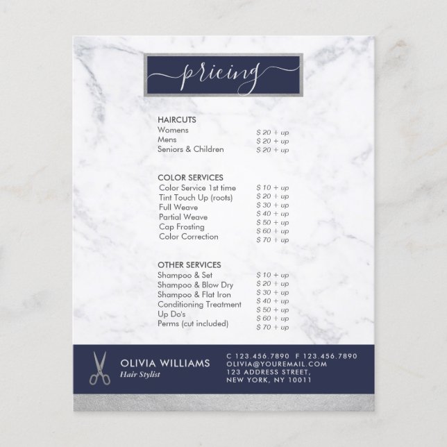 Geometric Chic Silver Scissors Marble Hair Stylist Flyer (Front)