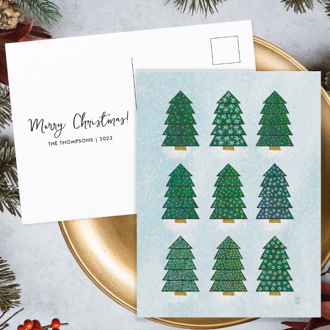 Geometric Christmas Tree Family Wishes Holiday Postcard (Front and Back)