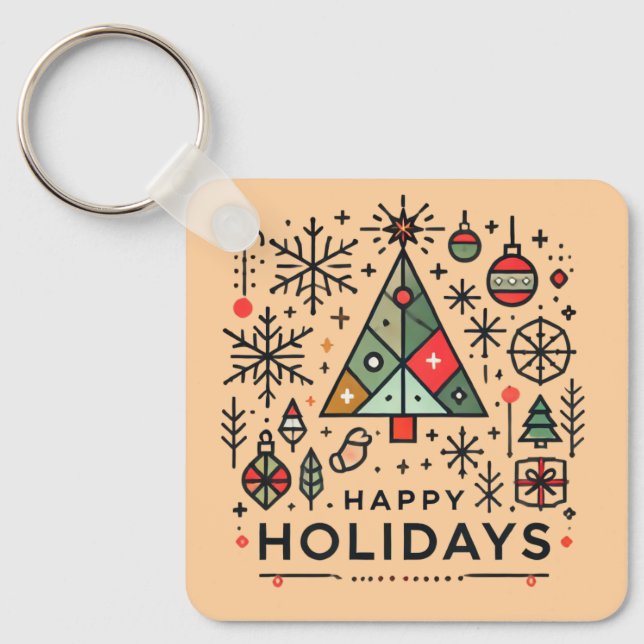 Geometric Christmas Tree Happy Holidays Festive Keychain (Front)