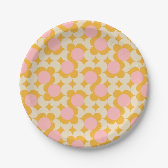 Geometric Circle Mid Century Flower Pattern Paper Plates (Front)