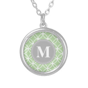 Geometric Circles Mint Green Grey Monogram Silver Plated Necklace