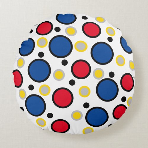 Geometric Circles Red Blue Silver Gold Round Pillow