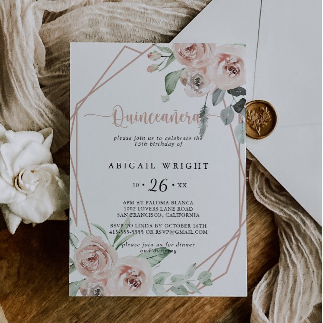 Geometric Classic Dusty Pink Rose Quinceañera  Invitation (Creator Uploaded)