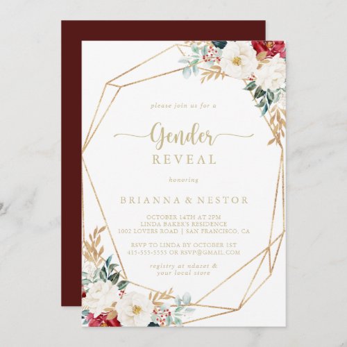 Geometric Classic Gold Floral Gender Reveal Party  Invitation