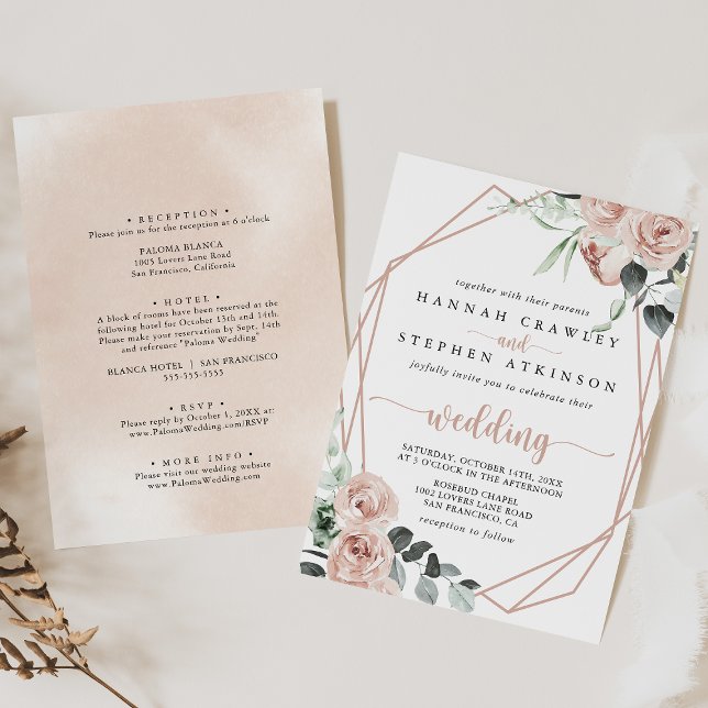 Geometric Classic Pink Floral Front & Back Wedding Invitation (Creator Uploaded)