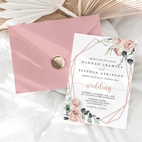 Geometric Classic Pink Floral Front  Back Wedding Invitation