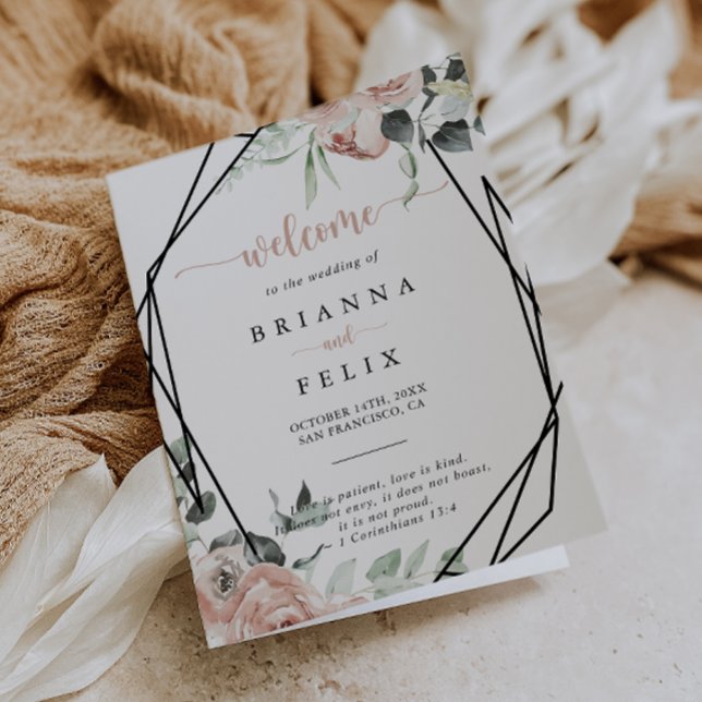 Geometric Classic Pink Rose Floral Folded Wedding Program (Creator Uploaded)