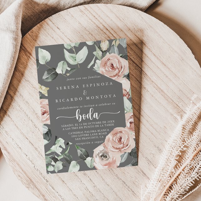 Geometric Classic Pink Rose Floral Gray Boda  Invitation (Creator Uploaded)