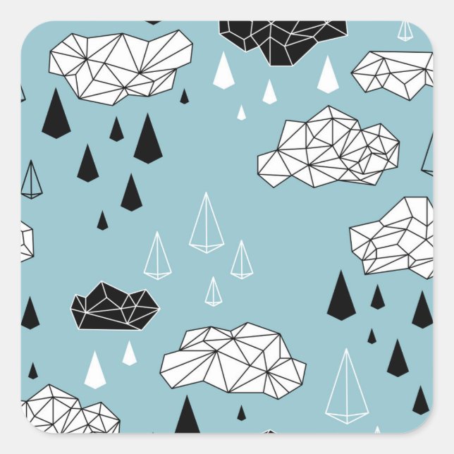 Geometric clouds and rain, seamless pattern. square sticker (Front)