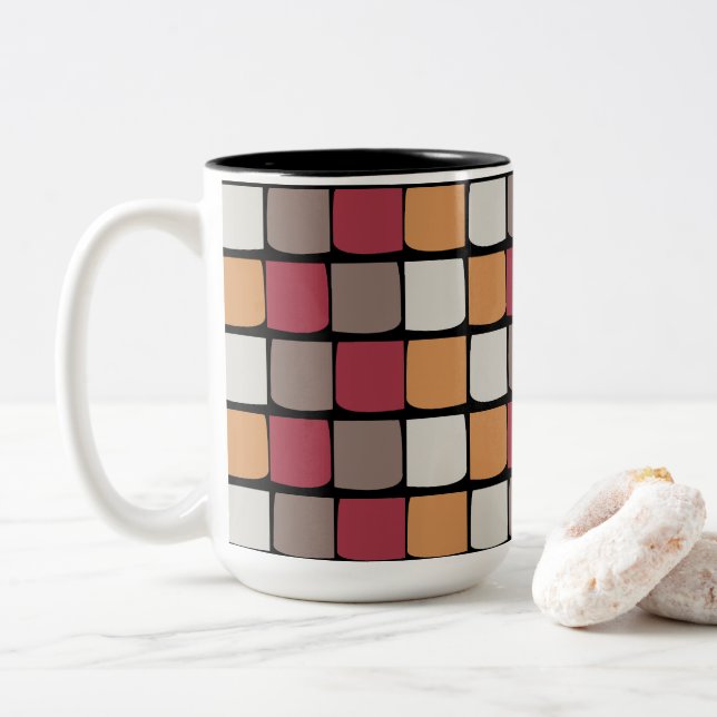 Geometric Color Block Pattern Two-Tone Coffee Mug (With Donut)