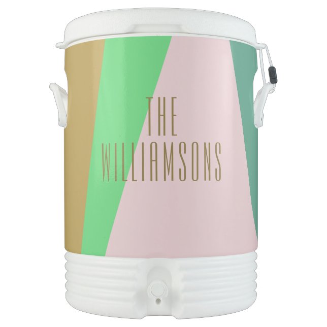 Geometric Color Block Pink and Green Personalized  Beverage Cooler (Front)