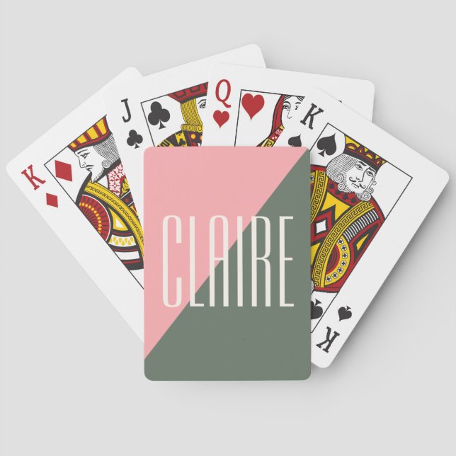 Geometric Color Block Pink Green Personalized Name Poker Cards (Back)