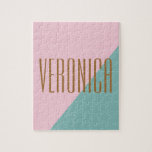 Geometric Color Block Pink Teal Personalized Name Jigsaw Puzzle<br><div class="desc">Pretty Modern Abstract Geometric Color Block Personalized Name jigsaw puzzle</div>