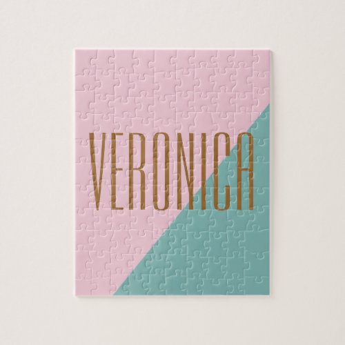 Geometric Color Block Pink Teal Personalized Name Jigsaw Puzzle