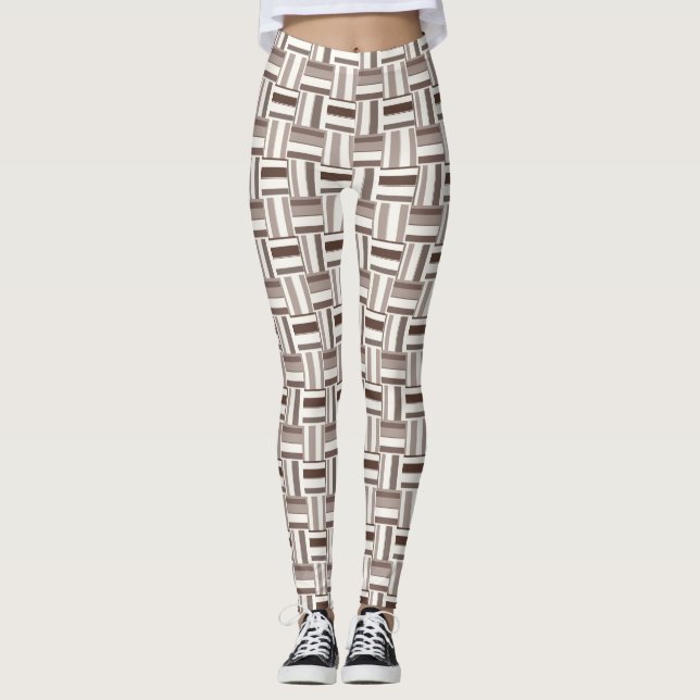 Geometric Color Block Rectangles - Brown and Beige Leggings (Front)