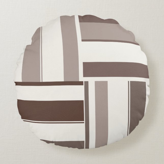 Geometric Color Block Rectangles - Brown and Beige Round Pillow (Front)